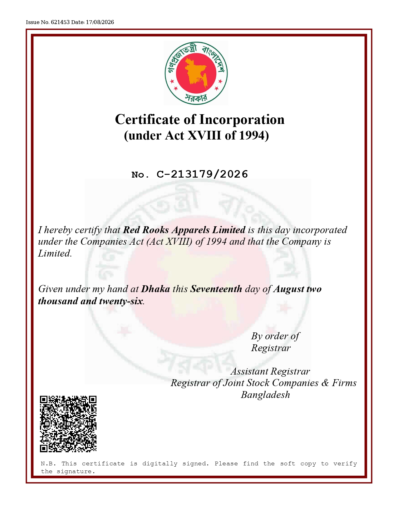 CERTIFICATE OF INC